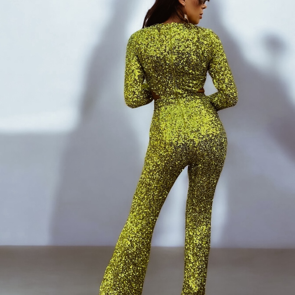 Green Disco Queen Festival Jumpsuit, Studio 54 Jumpsuit, Flared Leg Jumpsuit - Picture 5 of 10